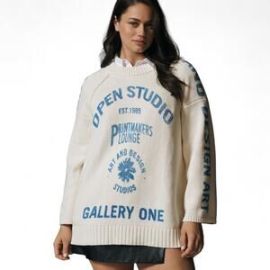 Anthropologie Pilcro Oversized Graphic Printed Crew Neck Sweater Blue Cream Sz L